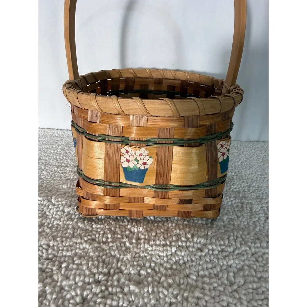 Vintage Hand Painted Woven Wood Basket Country Garden Watering Can Decor‎